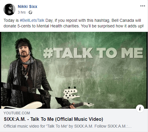 NIKKI SIXX  ENCOURAGES OPEN DISCUSSION  ON BELL ‘LET’S TALK’ DAY